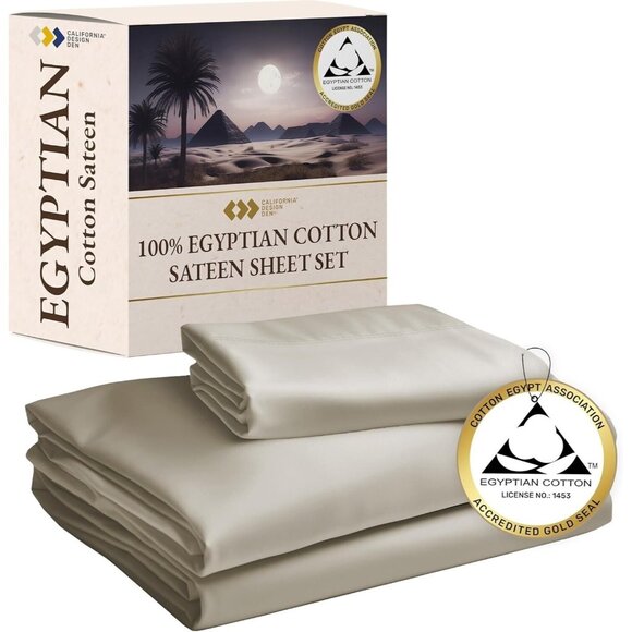 California Design Den Certified 100% Egyptian Cotton Sheets Set - TWIN XL, Beige - Picture 1 of 5